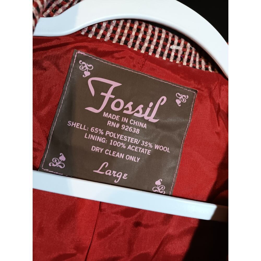 Fossil Womens Large Wool Blend Tweed Blazer Red Pink Gingham Y2K Preppy - Picture 4 of 7